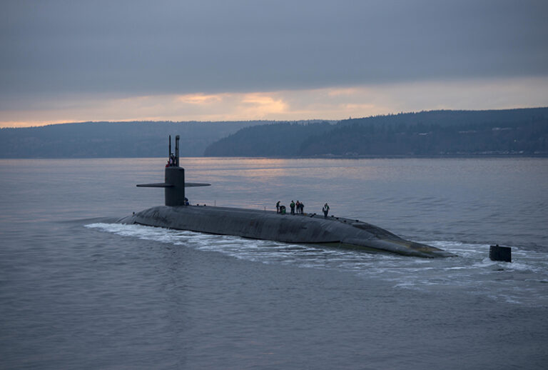 BWXT USS Pennsylvania 171227-N-UD469-047 PUGET SOUND, Wash. (Dec. 27, 2017) The Ohio-class ballistic missile submarine USS Pennsylvania (SSBN 735) transits the Hood Canal as the boat returns to its homeport at Naval Base Kitsap-Bangor following a routine strategic deterrent patrol. Pennsylvania is one of eight ballistic-missile submarines stationed at the base, providing the most survivable leg of the strategic deterrence triad for the United States. (U.S. Navy photo by Mass Communication Specialist 1st Class Amanda R. Gray/Released)