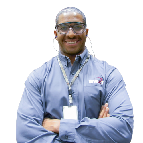 Male BWXT Employee in branded shirt on a clear background