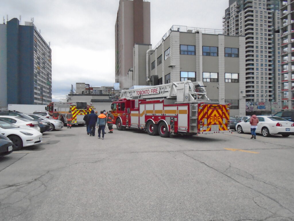 BWXT emergency response Toronto fire drill firetruck in parking lot with firefighters