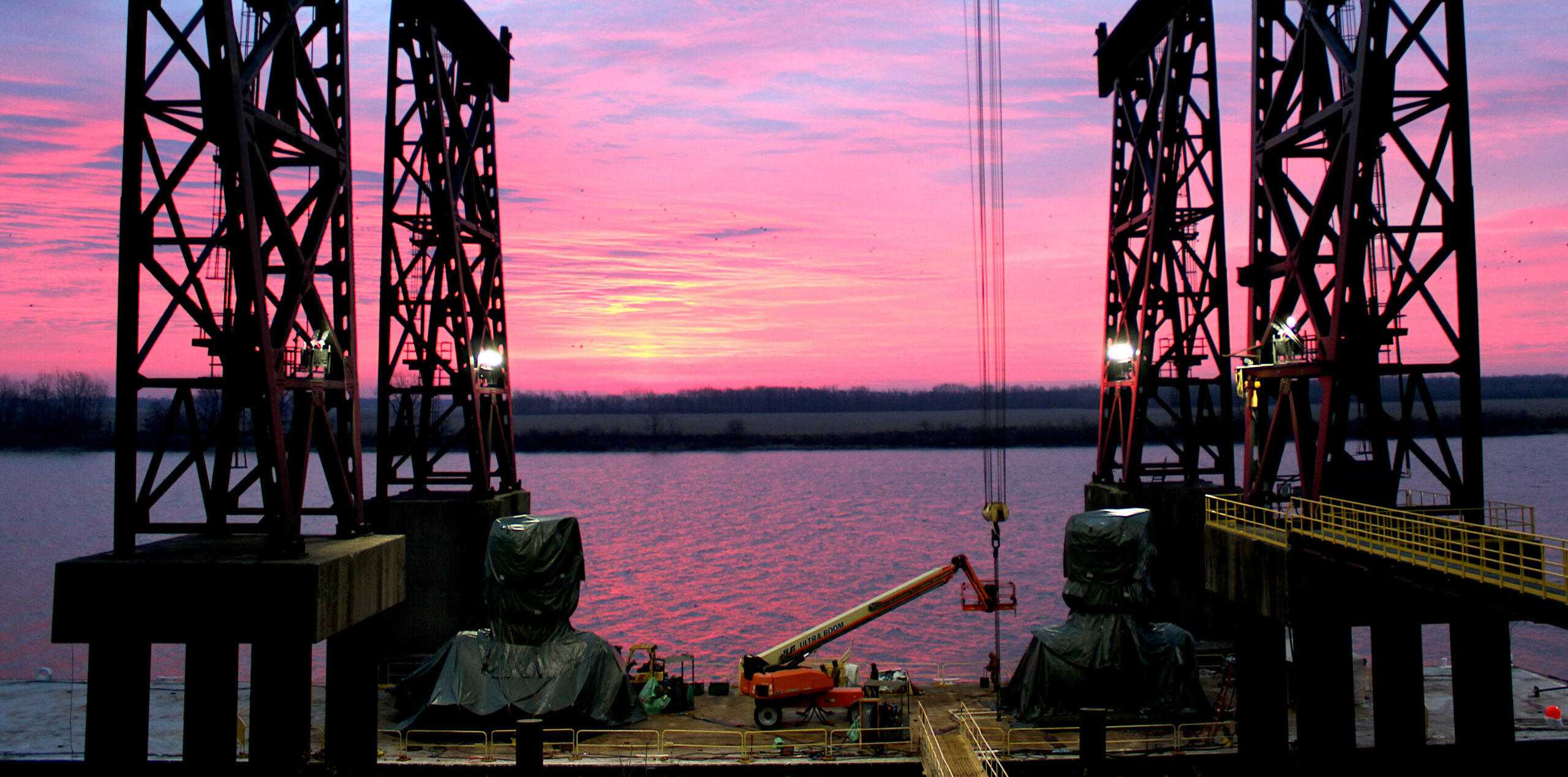 Steam generator transport location sunrise pink and purple colors in the sky