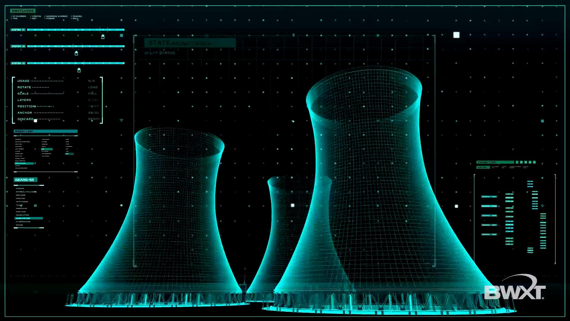 BWXT A futuristic-digital rendering of nuclear cooling towers with a high-tech overlay, featuring data panels and the BWXT logo in the bottom right corner.